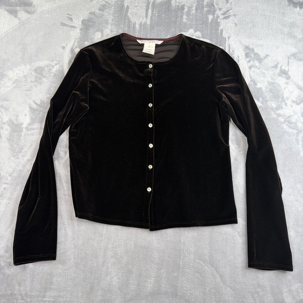 Max Studio Womens M Brown Velvet Cardigan Top Button Front Made USA 90s Style
